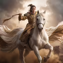 a woman riding on the back of a white horse
