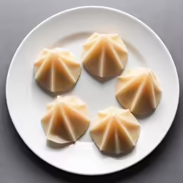 four pieces of asian style dumpling sit on a white plate