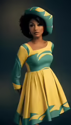 woman with curly afro wearing bright yellow and blue dress