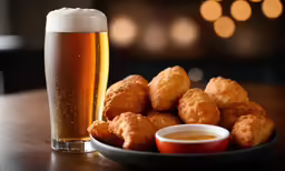 a plate of food that is next to a glass of beer
