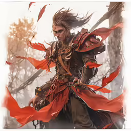 the man has long brown hair and a red cape on