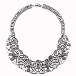 a silver and black necklace with designs on it,a silver necklace on a white background,an artisticly designed silver necklace,a drawing of an elaborately designed collar necklace,an elaborate silver necklace with spiral details and beads