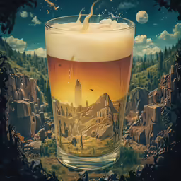 a large glass filled with beer on top of a table