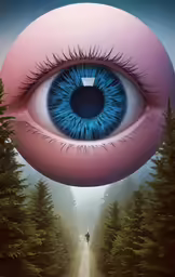 a large blue eye with a pink circular structure surrounding it