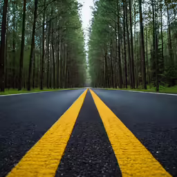 the road is lined with two lines between trees