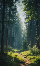the sun shines through the forest on a sunny day