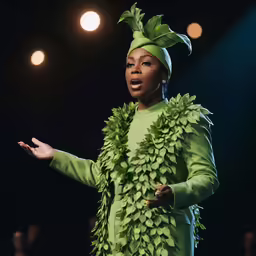 a women that is wearing a grass costume