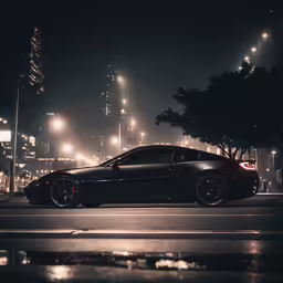 a sports car is sitting at the street at night