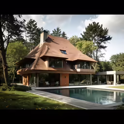 a house with a pool and a covered front yard