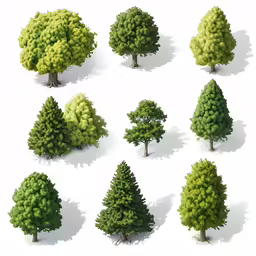 various kinds of trees in the style of low polys