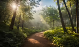 sunlight shining in the distance through trees and shrubs in a forest