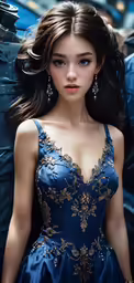 a woman in blue dress standing next to a blue wall