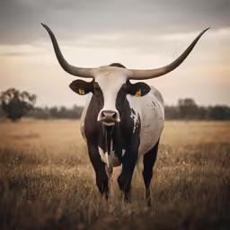 the long horn bull is standing alone in the field
