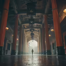 man walking under arched pillars in hallway with light from ceiling