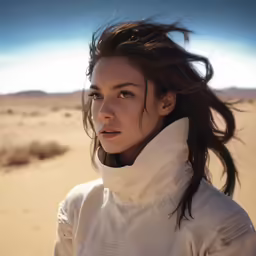 a woman standing in the desert, looking ahead