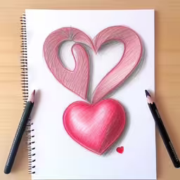 a drawing of two hearts with a pair of pencils,a pencil drawing of a heart,two hearts are drawn on a piece of paper,an image of a heart with two hearts drawn on it,an artist sketching a heart with colored pencils