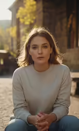 a woman sitting on a bench praying outside