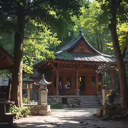 an oriental garden with pavilion, trees and other items