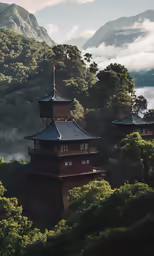 a wooden structure sitting in the middle of lush green forest
