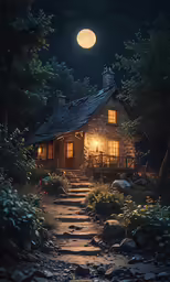 a small cabin sits on the side of a path with rocks in front of it