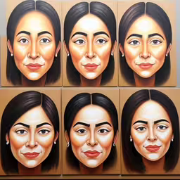 various images of a womens face painted on cardboard,a painting of a woman