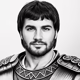 a man with beard and armor in a black and white photograph