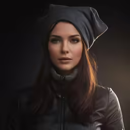 a woman with long brown hair wearing a hat and jacket