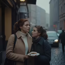 two woman standing on the street, each holding a coffee mug