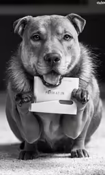 a dog holding something with one paw and one paw on its side