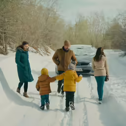 a family walking down a road in the snow