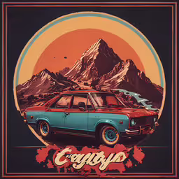a poster with a car on it that says corgif,a blue car in the middle of a picture with mountains in the background