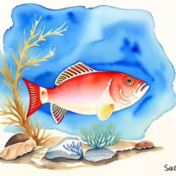 a large fish that is swimming in the water,a fish swimming in the water surrounded by rocks and plants,this is a watercolor painting of a fish,a picture of a red fish and sea grass,an orange fish is swimming in the water
