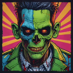 an image of the face of zombie man with red eyes and a green jacket on,a creepy man with green and blue paint