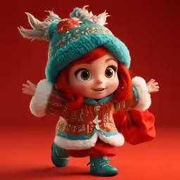 a doll of a red haired girl in winter clothes