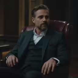 a man in a suit sits on a chair