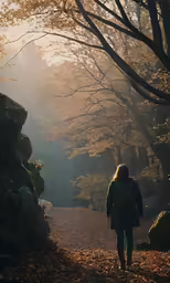 a woman walks along a path in a wooded area