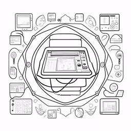 a machine on display with many different things around it,a page in a webpage has been converted into a coloring page with graphic elements about it,some of the various types of devices in a circle,a drawing of a tablet with many devices surrounding it,a computer surrounded by various devices and icons