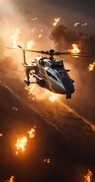 a helicopter flying over a forest of flames