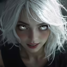 a close up of a female with white hair