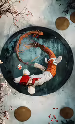 a young boy in orange and white is laying on the ground with his arms around a basketball net