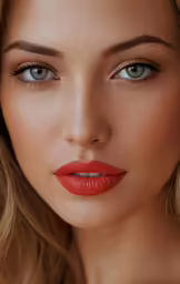 the model with a bright red lip and orange makeup