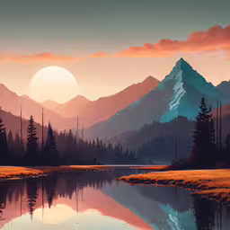 a sunset view of a small lake surrounded by mountain and forest,a painting of a mountains with the sun setting