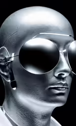 a man in futuristic clothes and round sunglasses