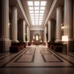 an art deco foyer with marble floor and pillars