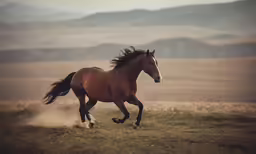 a brown horse running across a grass covered field