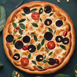 the homemade pizza is decorated with olives and tomatoes