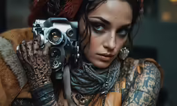 a tattooed woman holding a camera with chains