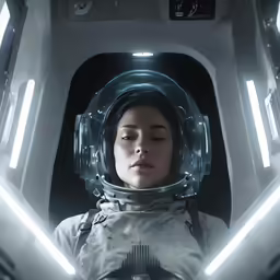 the female astronaut is resting in the space station