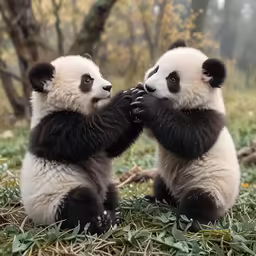 a pair of baby pandas playing in the grass