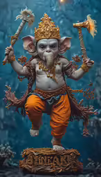 an image of a hindu idol with two stick and a head